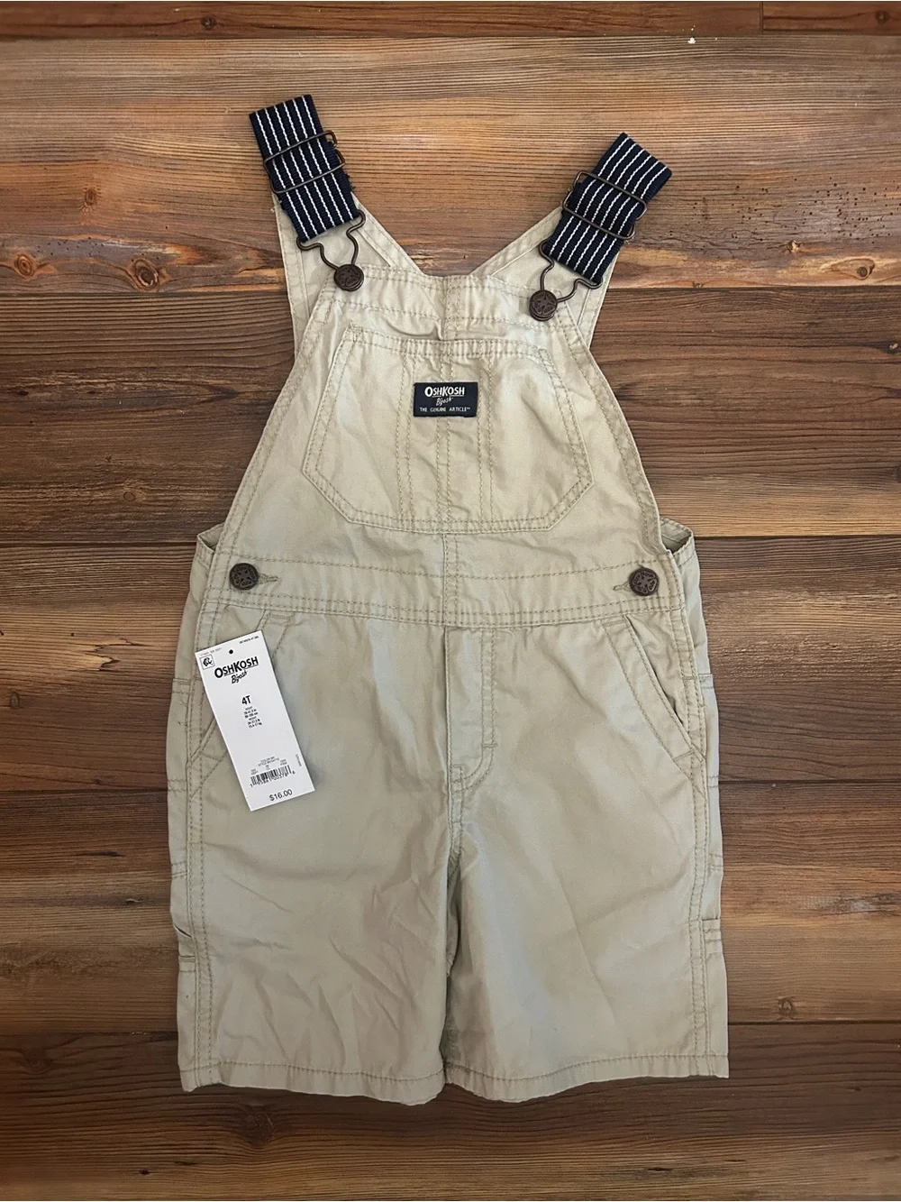 OshKosh B'gosh Khaki Shortalls with Navy Striped Straps